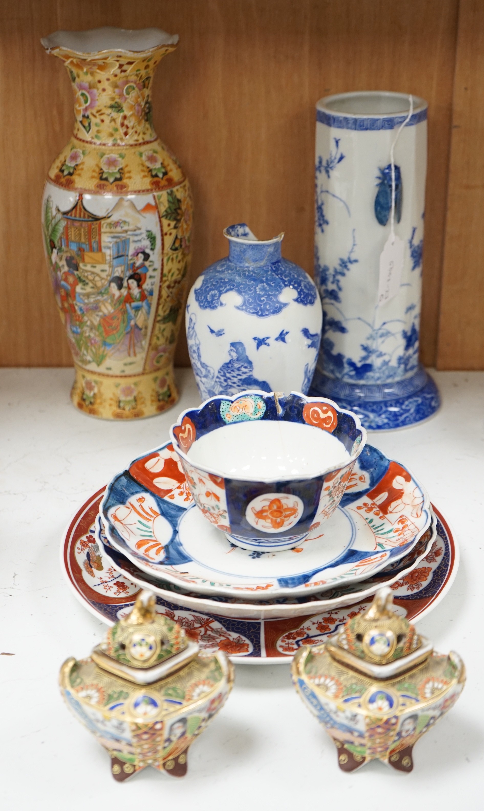A group of Japanese ceramics to include Imari dishes a Seto ware blue and white vase etc. tallest 30cm